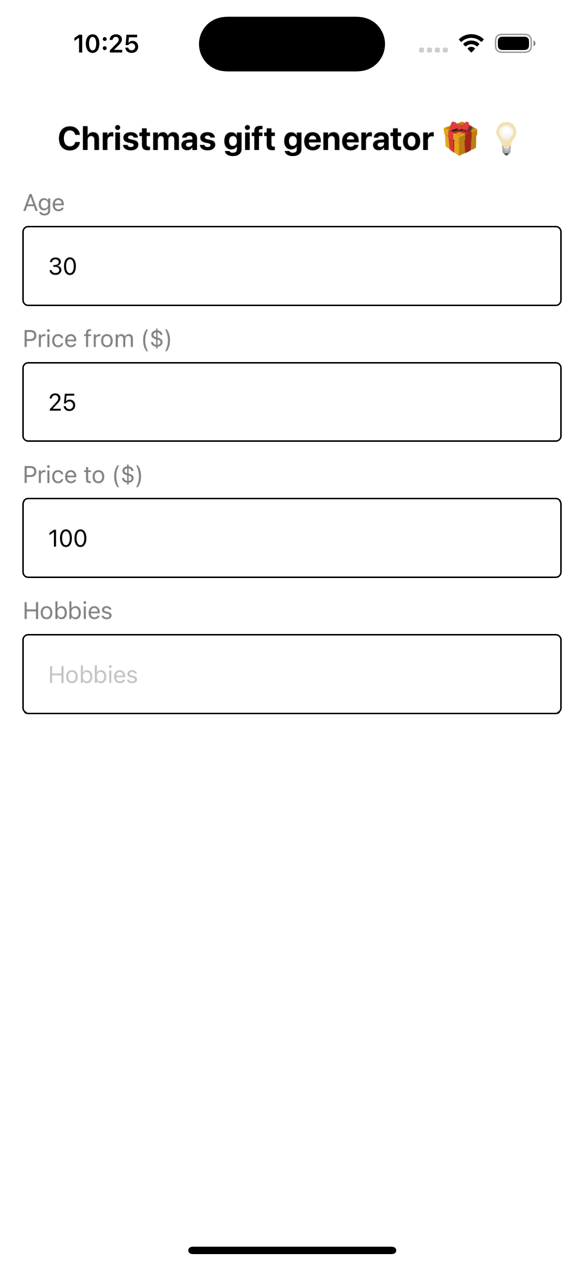 React Native Gift Generator form