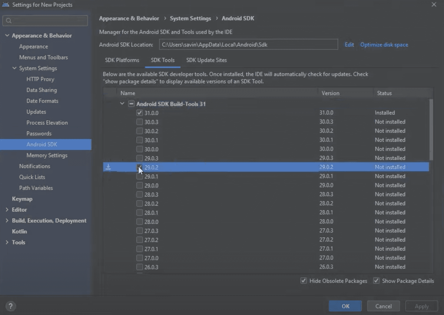Android Studio SDK Tools Version