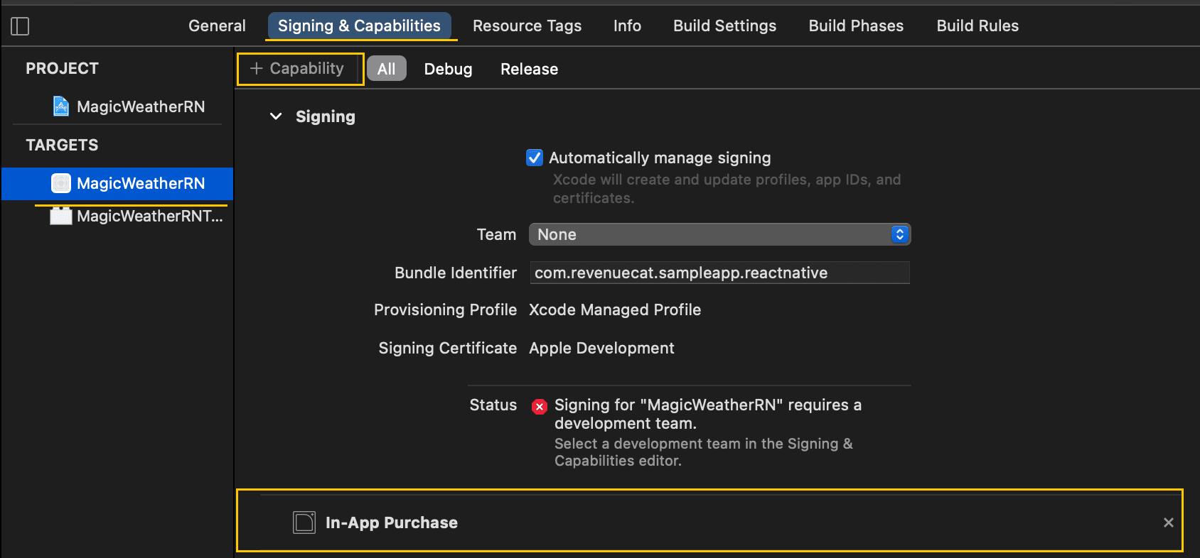 Enable In-app purchases capabilities in XCode