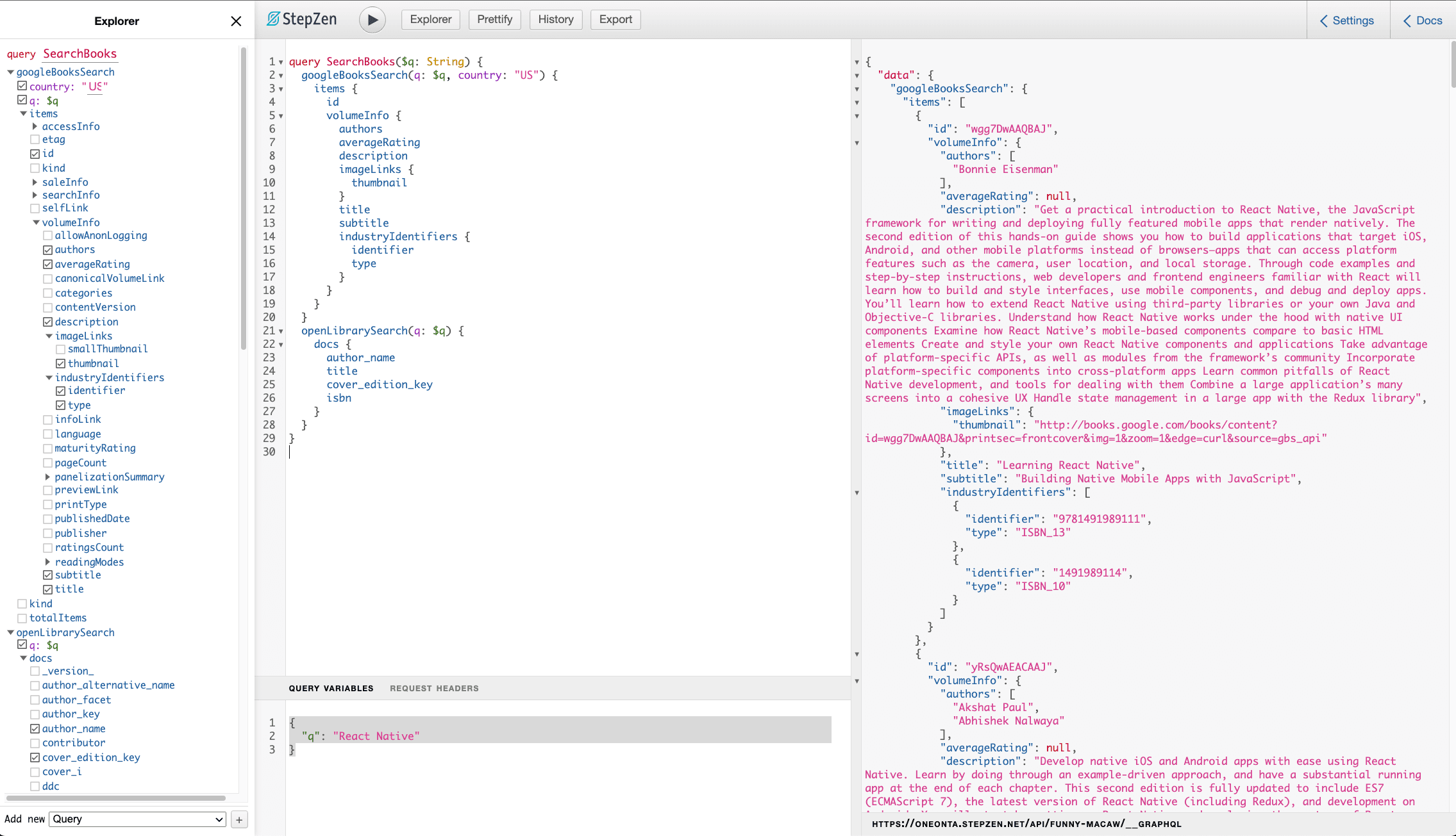 Explore the GraphQL API created by StepZen