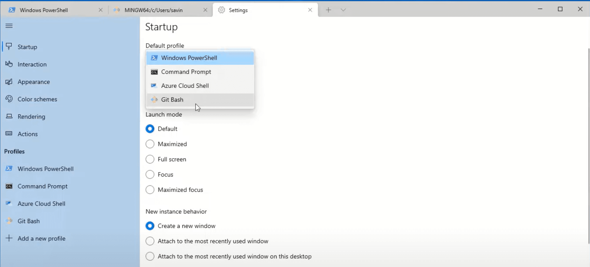 Making Git Bash Default Terminal in Windows Settings